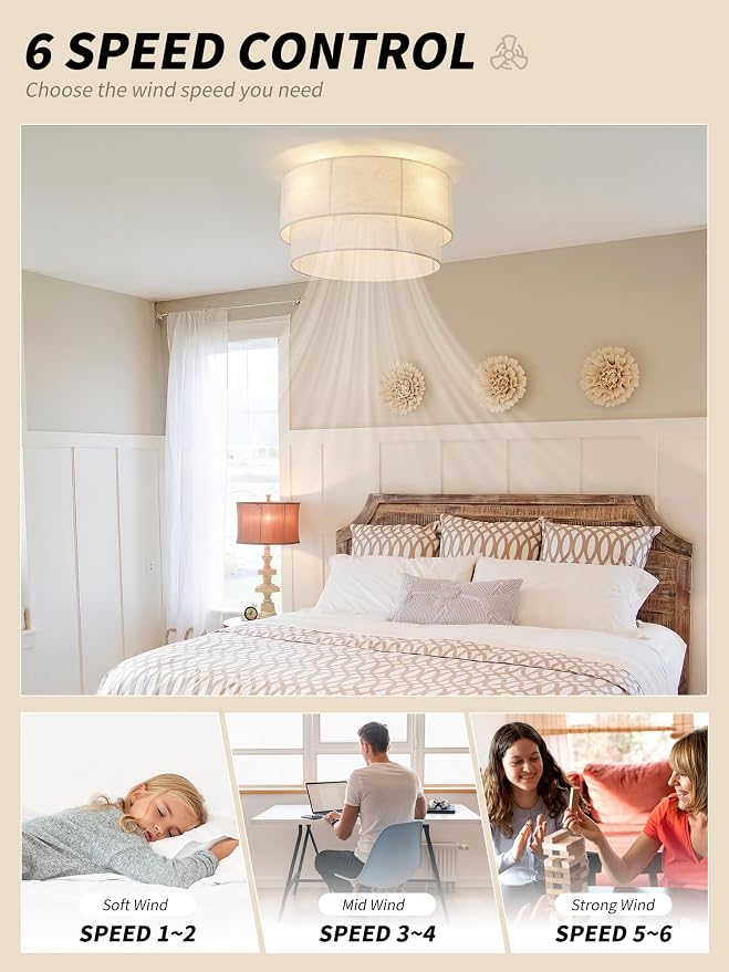 SYDACG Ceiling Fan with Lights Flush Mount, 20" Low Profile Boho Ceiling Fan with Light Remote Control, Bladeless Rattan 6 Speeds for Bedroom, Living Room, Nursery