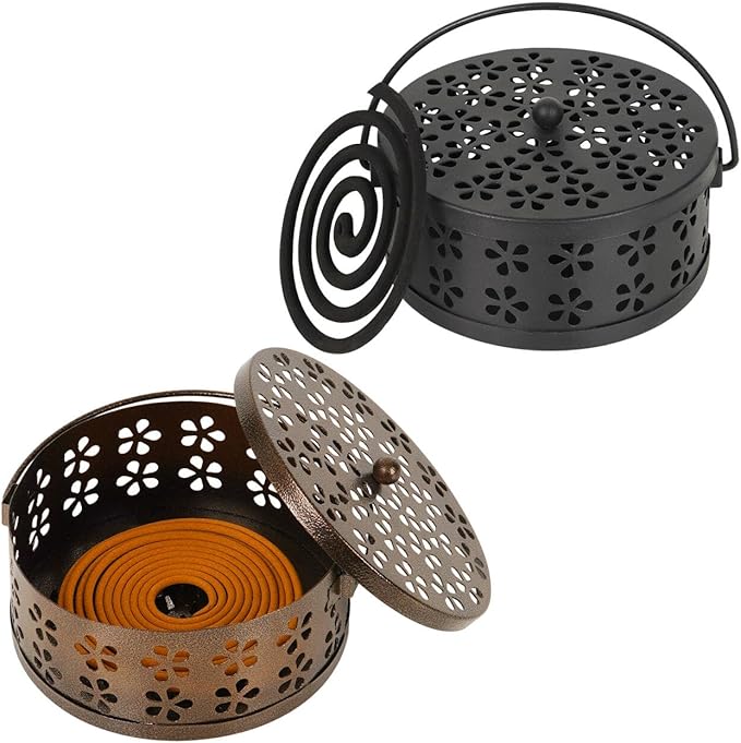 Portable Iron Mosquito Coil Holder with Handle Round Heat-Resistant Incense Holder (Bronze+Black)
