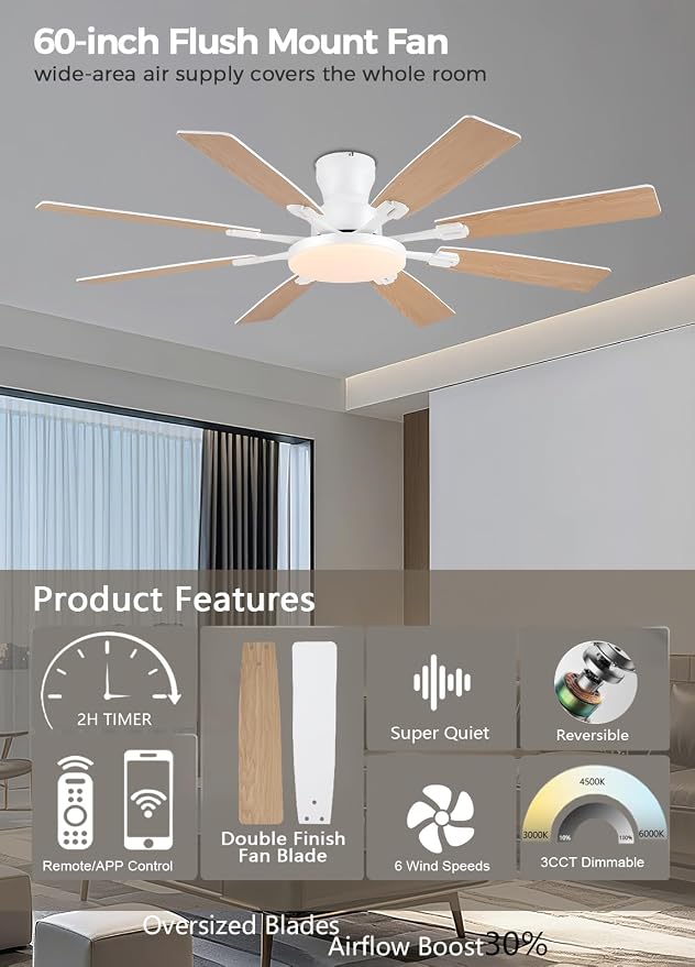 JSAITEE 60Inch Ceiling Fan with Lights Low Profile Flush Mount Woodgrain | Ceiling Fans,DC Reversible Motor Noiseless, 3CCT Dimmable, Dual Finish, 6 Speeds Ceiling Fan for Indoor/Outdoor
