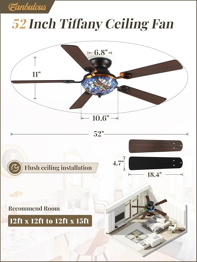 Fanbulous 52 Inch Stepless Dimmable LED Tiffany Dragonfly Ceiling Fan