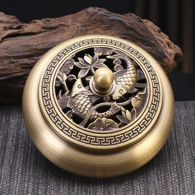 Incense Holder Burner,Pure Copper Antique Fish Pattern, Incense Ash Catcher for Sticks or Cone Incense,Mosquito Incense,Sage Cones and Palo Santo(Stick/Cone/Coil Incense)