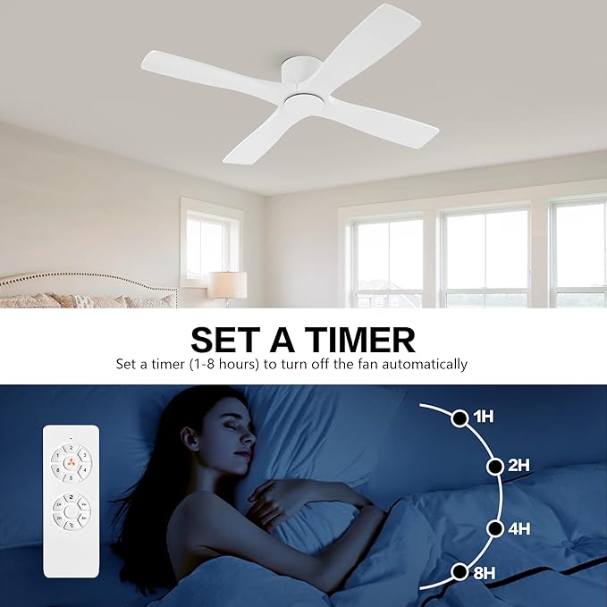 WINGBO 48 Inch Flush Mount DC Ceiling Fans without Lights, 4 Carved Solid Wood Blades, 6-Speed Reversible DC Motor, Low Profile Hugger Ceiling Fan No Lights for Indoor and Outdoor, Gloss White