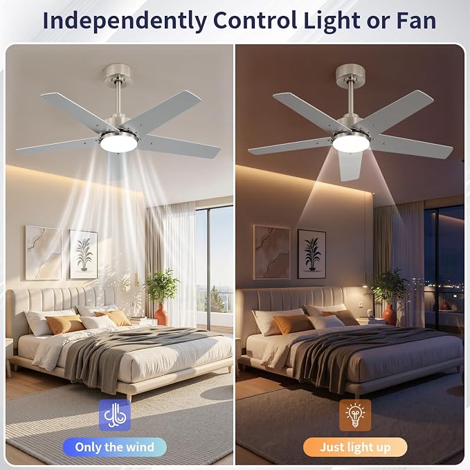 42 Inch Ceiling Fans with Lights and Remote, Bedroom Living Room Kitchen Home Office Indoor/Outdoor, 6CCT Dimmable, Dual Color 5 Blades, 6 Speed Reversible Quiet DC Motor, Sand-nickel/Wood Grain