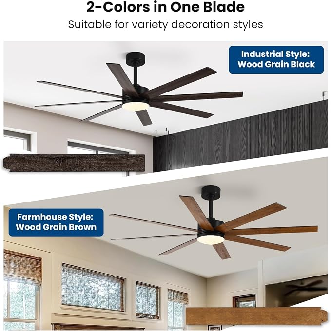 Conciseer 72 Inch Ceiling Fans with Lights, Remote Control, Dual-Color 8 Blades, 24W 3CCT,6-Speed Reversible Quiet DC Motor - Black and Wood Grain for, Living Room, Kitchen Brown