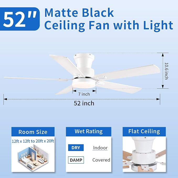 NKPU 52" Ceiling Fans with Lights, Low Profile Ceiling Fan with Light and Remote/APP Control, 6 Speed, Dimmable, Safe Quiet DC Motor, White Flush Mount Ceiling Fan for Bedroom Indoor/Outdoor Use