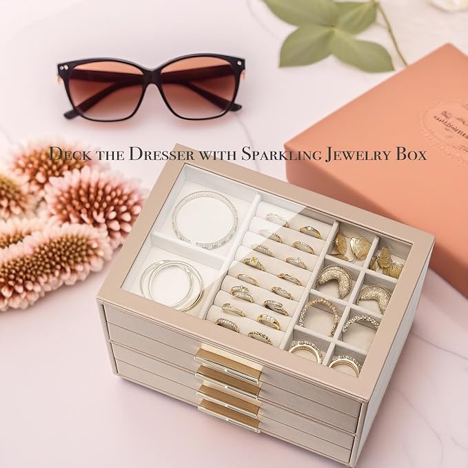 VLANDO 4-Drawer Jewelry Box with Glass Lid, Faux Leather Organizer for Rings Earrings Necklaces and More, Gift-Ready Jewelry Case for Women Girls or Moms, Latte