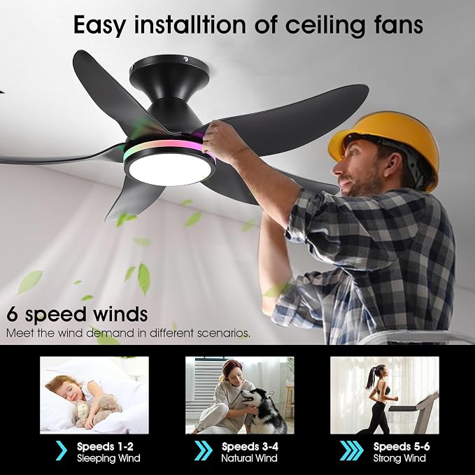 Kviflon Ceiling Fans with Lights Remote/APP Control, 38" Low Profile Ceiling Fans with Dimmable White Colors+ RGB Ring Lights, 6 Speeds 5 Reversible Blades for Kids Room Bedroom Living Room, Black