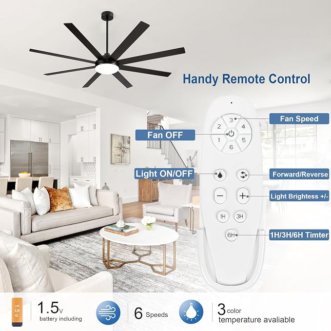 72 Inch Ceiling Fans with Lights and Remote Control, Black | Wooden Blades,Reversible Quiet DC Motor, 6-Speed, 3CCT Dimmable LED, Timer for Living Room, Bedroom, Office