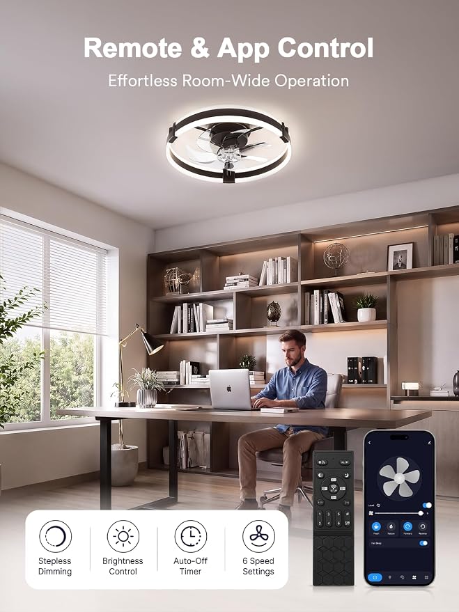 Bladeless Ceiling Fan with Light, 20 Inch Low Profile Flush Mount Fan Black | Modern Small Ceiling Fan with Dimmable Light, 6 Speeds, Reversible Airflow, App and Remote Control for Dedroom