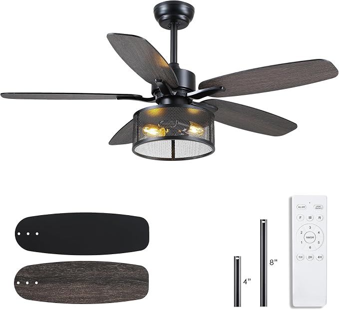 Hounberi 48 Inch Farmhouse Ceiling Fan with Light and Remote, Industrial Black Caged Ceiling Fan, Dual Finish 5 Blades, 6-Speed Reversible DC Motor, Industrial Ceiling Fans for Bedroom, Living Room