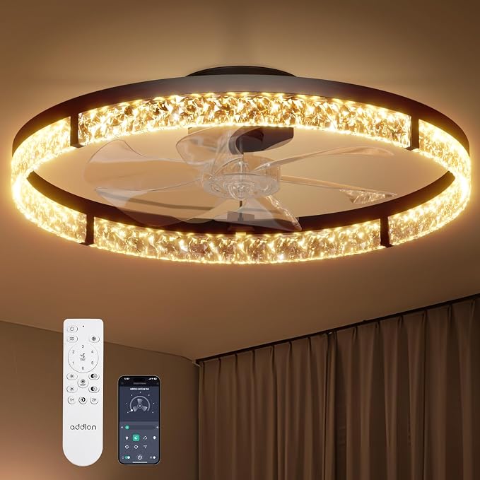 addlon Ceiling Fans with Lights and Remote, 24'' Low Profile Flush Mount Ceiling Fan, 3000–6000K Dimmable LED Fandelier, Bladeless Crystal Fan Light for Bedroom, Kitchen, Living Room, Black