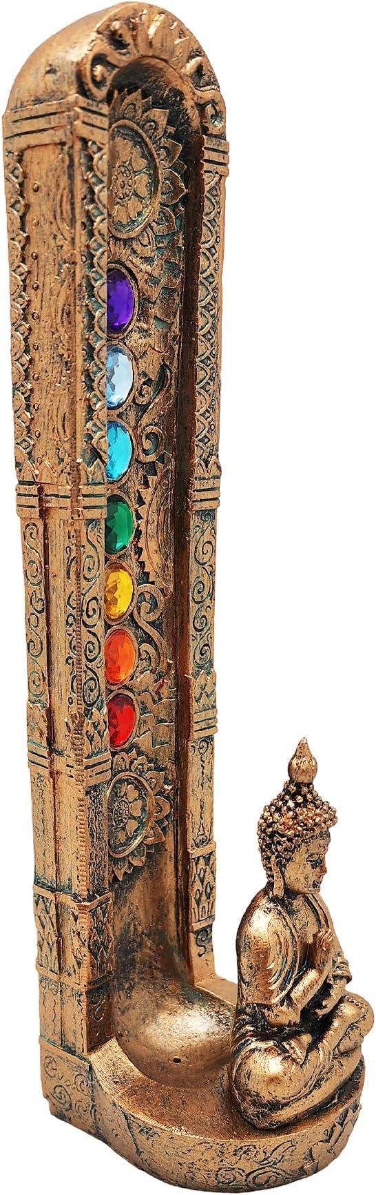 Standing Buddha Chakra Stone Incense Burner – Includes 7 Color Chakra Stones | Handcrafted Resin Holder for Sticks & Cones | Spiritual Meditation Decor for Home, Yoga, Reiki & Healing Rituals