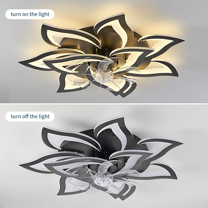 32inch Black Flower Modern Ceiling Fans with Lights, Low Profile Ceiling Fan with Remote for Bedroom, Flush Mount Ceiling Fan with LED Dimmable Light,6-Speeds, Timing Ceiling Fan Light