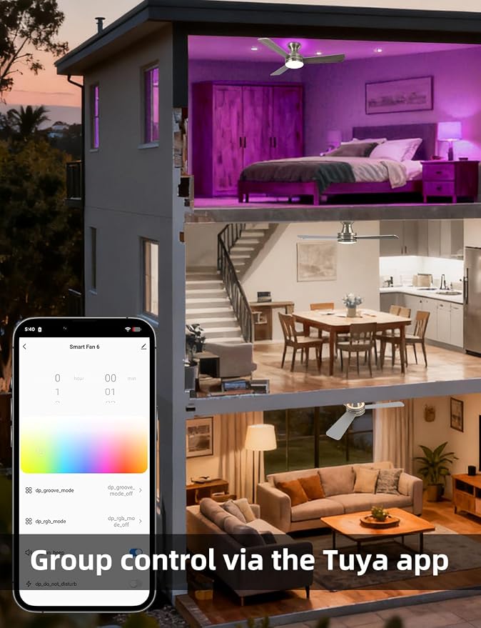42" RGB Ceiling Fan with Light, Music Sync Smart Fan Works with Alexa/Google Assistant/App, Low Profile Flush Mount, 6-Speed Quiet DC Motor, 4 CCT Dimmable Lighting for Bedroom Living Room