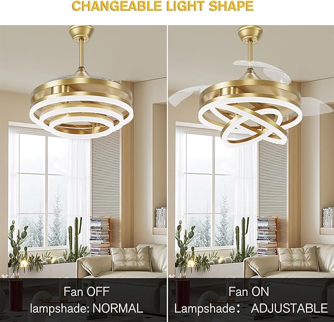 FIDGRA 42 Inch Retractable Ceiling Fan, Chandelier Ceiling Fans with Lights, Silent DC Motor, 6 Speeds, 3 Color Changing for Bedroom Living Room (Gold)