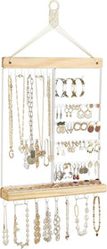 Mkono Hanging Jewelry Organizer Wall Mounted Earring Holder Metal Necklace Holder Wood Shelf with 55 Holes and 7 Hooks Display Rack For Storage Bracelet Rings Ear Studs Accessories Women Bedroom Decor