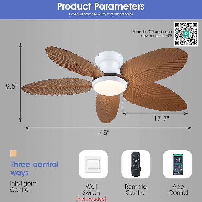 Kviflon Tropical Ceiling Fans with Lights and Remote/APP Control, 45 Inch Low Profile Flush Mount Ceiling Fans, Palm Leaf Ceiling Fan with Light for Bedroom Patios Porch Outdoor, Wood Grain