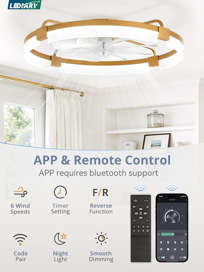LEDIARY 24" Ceiling Fans with Lights and Remote, Modern Low Profile Ceiling Fan, 3 CCT, Stepless Dimmable, Fandelier Flush Mount Fan Light, 6 Speeds, DC Motor, App & Remote Control for Bedroom(Gold)