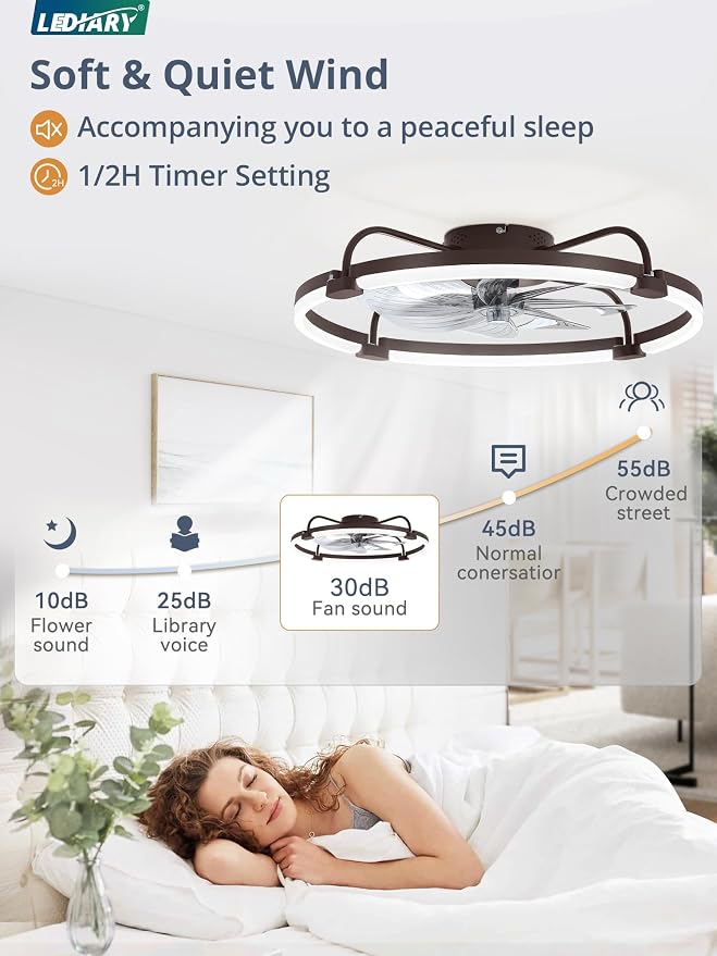 LEDIARY Ceiling Fans with Lights and Remote, 24'' Low Profile Ceiling Fan with Light, 3000-6000K Dimmable Fandelier LED Fan Light, 6 Wind Speeds, Brown Modern Flush Mount Ceiling Fan for Bedroom
