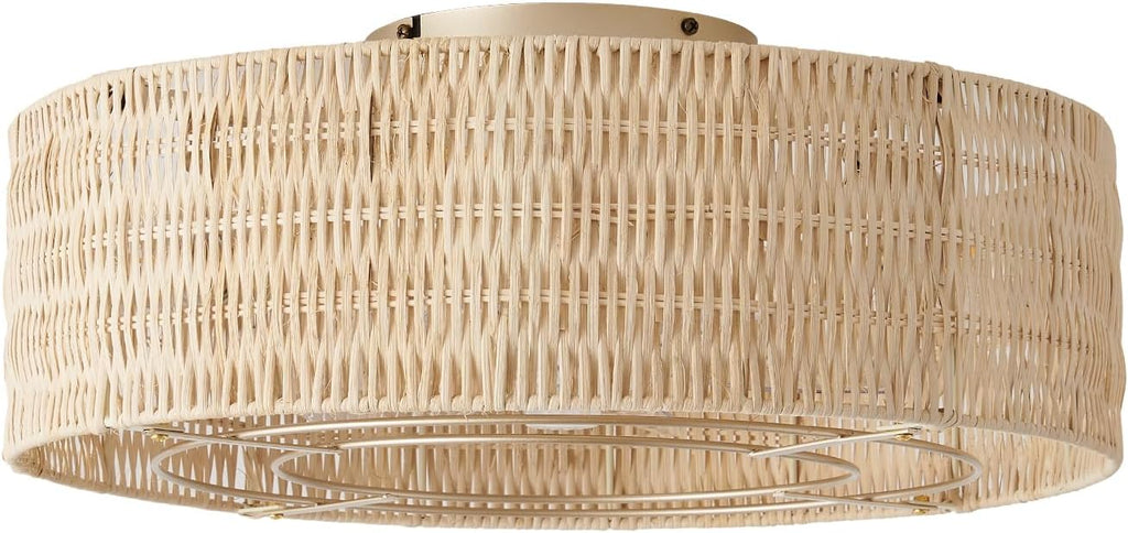 Caged Ceiling Fans with Lights Flush Mount, 20" Rattan Boho Ceiling Fan with Light Remote Control, Enclosed with 6 Speeds for Bedroom, Nursery, Living Room (Beige)