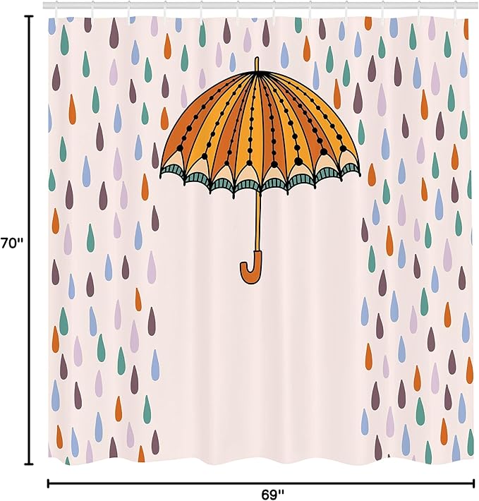 Ambesonne Pastel Shower Curtain, Boho and Retro Umbrella MotifSurrounded by Gradient Toned Droplets Storm Graphic Autumn Fall Season, Cloth Fabric Bathroom Set with Hooks, 69" W x 70" L, Pale Pink