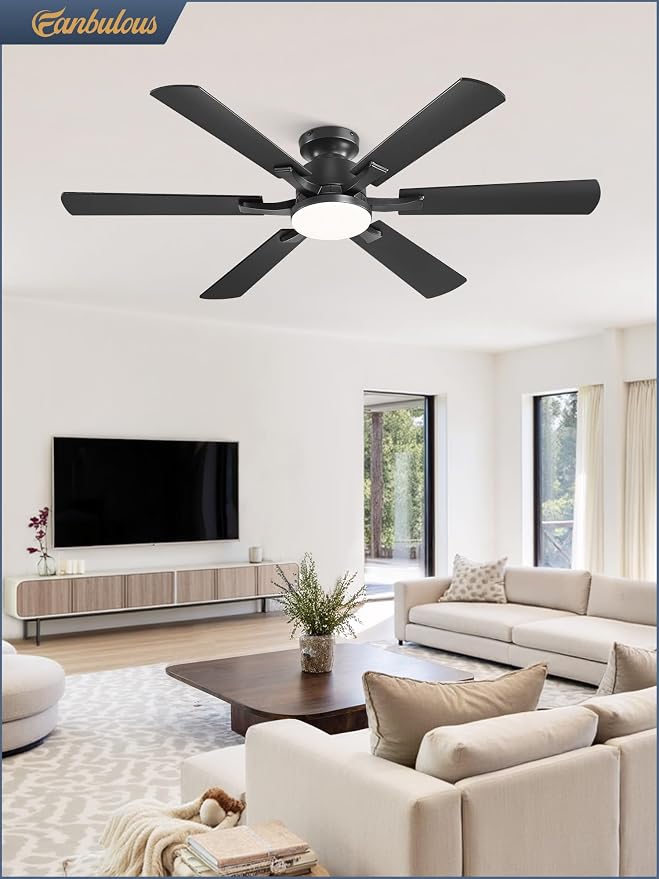 Fanbulous 52 Inch Ceiling Fan with Lights, APP & Remote Control, Flush Mount Low Profile Black Ceiling Fan, 3000-6000K Dimmable LED, Quiet Reversible Motor, 6 Blades, 6 Speeds, for Bedroom Living Room