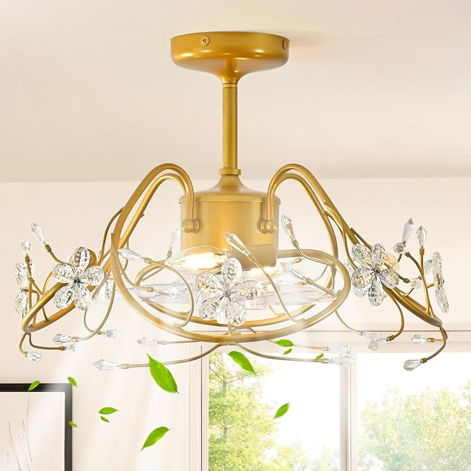 Ganeed 20.5“ Gold Crystal Fandelier Ceiling Fans with Lights, Crystal Diamond Flower Chandelier Ceiling Fan with Remote Control, Modern Caged Fandelier 6 Speeds for Girl's Bedroom, Living Room