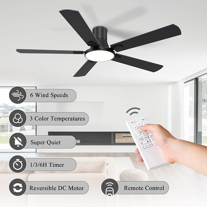 SNJ 60 Inch Black Ceiling Fans with Lights and Remote,Flush Mount Low Profile 5 Blades Ceiling Fan,Dimmable Quiet Reversible DC Motor for,Living Room,Bedroom and Patio