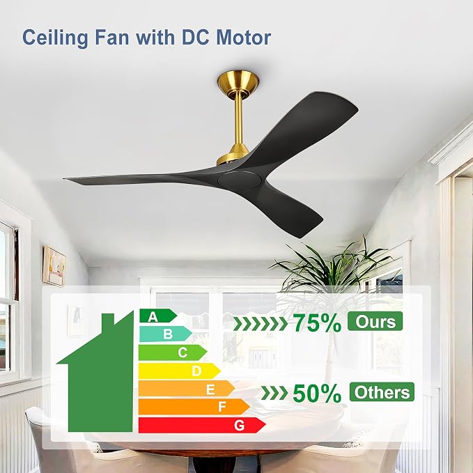 Modern Ceiling Fan with Remote: Black and Gold Ceiling Fans 3 Blades - 52 Inch Ceiling Fan No Light for Covered Outdoor Living Room Bedroom