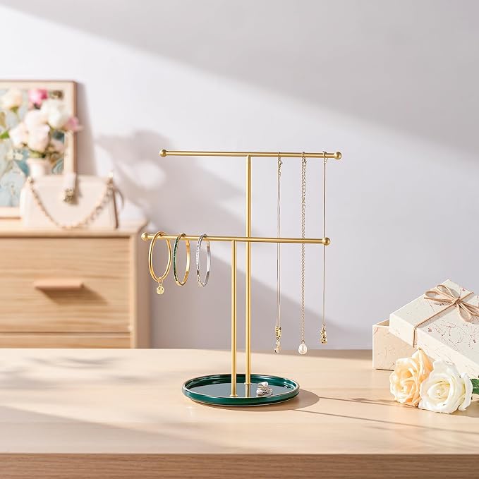 Jewelry Stand with Ceramic Tray, Necklace Holder, Gold Bar Green Base | Ceramic Base, Gift for Women & Girls, Hanging Necklace Organizer Tree, Earrings, Bracelets, Rings, small