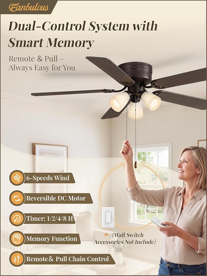 Fanbulous 52" Flush Mount Ceiling Fan with 3 Lights, DC Motor, Oil Bronze | 6-Speed Timer, Shatterproof PP Shades, Remote & Pull Chain Control, Vintage for Bedroom, Living Room, Dining Room