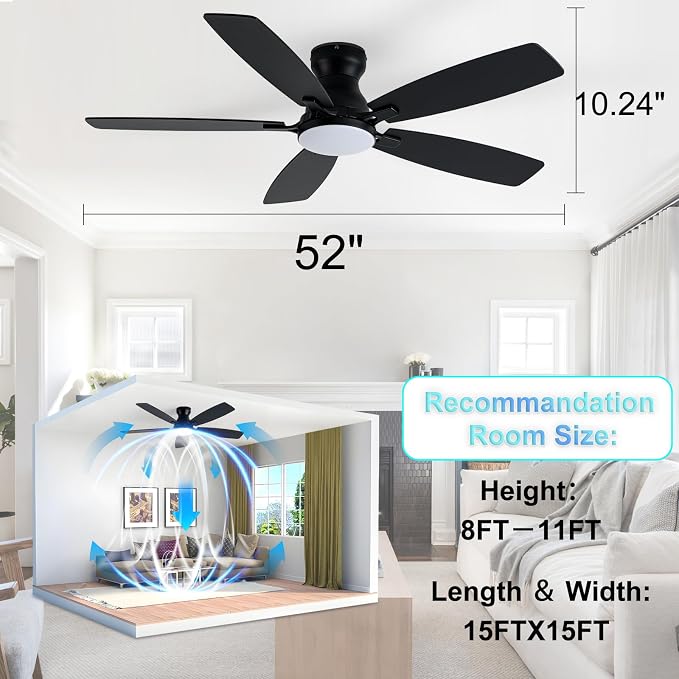 Coolwind 52 Inch Black Flush Mount Ceiling Fan with Display Remote/APP Control, Low Profile Quiet Ceiling Fan with Light, 5 Dual-Sided Blades, Dimmable, DC Reversible Motor for Bedroom, Living Room