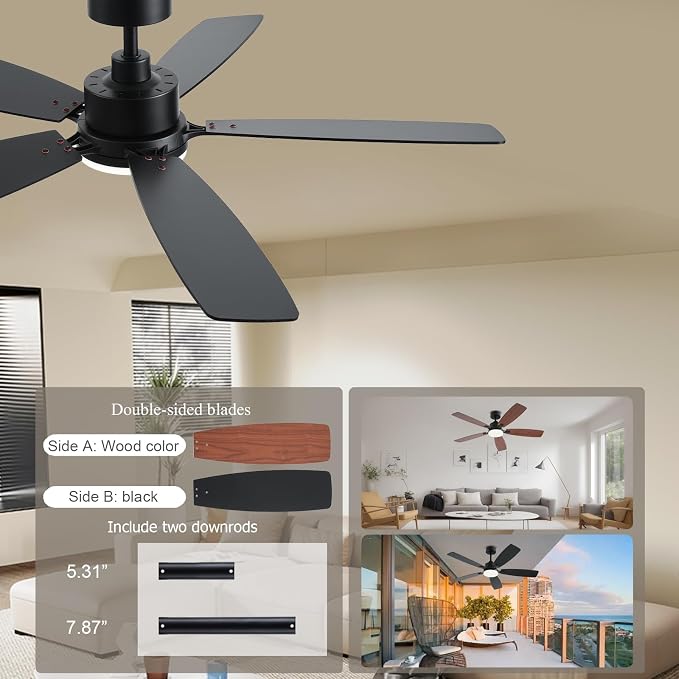 NKPU 52inch Ceiling Fans with Lights, Low Profile Ceiling Fan with Light and Remote/App Control, 2 Downrods, DC Reversible Motor, Noiseless, Dimmable Brown Ceiling Fan for Bedroom Livingroom