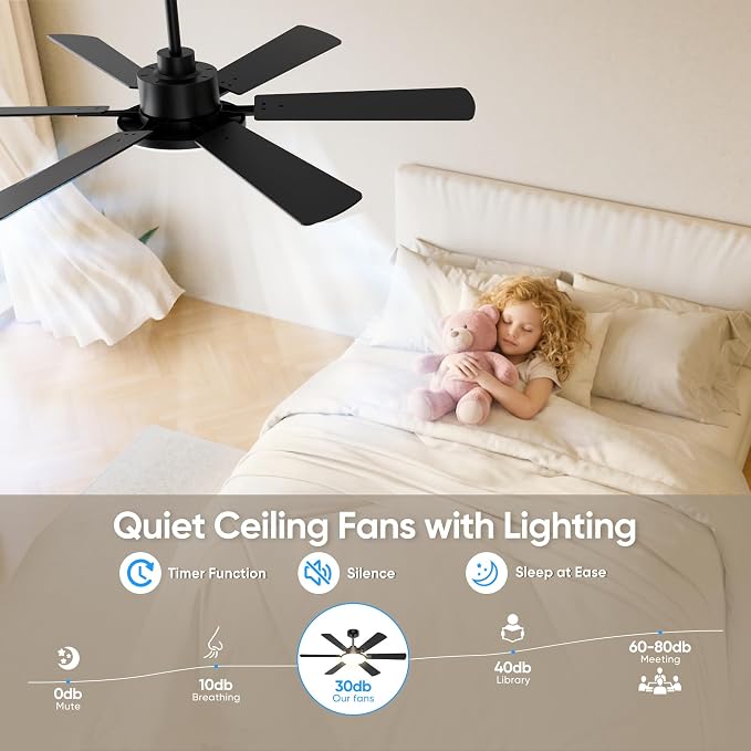 52 Inch Ceiling Fans with Lights, 6 Double Sided Blades, Ultra Quiet Reversible DC Motor, Remote & APP Control, 6 Speeds, 3CCT Dimmable LED with Memory Function, Downrod Mount for Living Room, Black