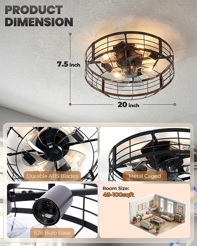 20 In Farmhouse Caged Ceiling Fan with Light and Remote, Bladeless Flush Mount Fan Lights Ceiling Fixtures, Need Assembly, 6 Speeds Reversible Motor Indooor Lights for House Kitchen, Bedroom, Black
