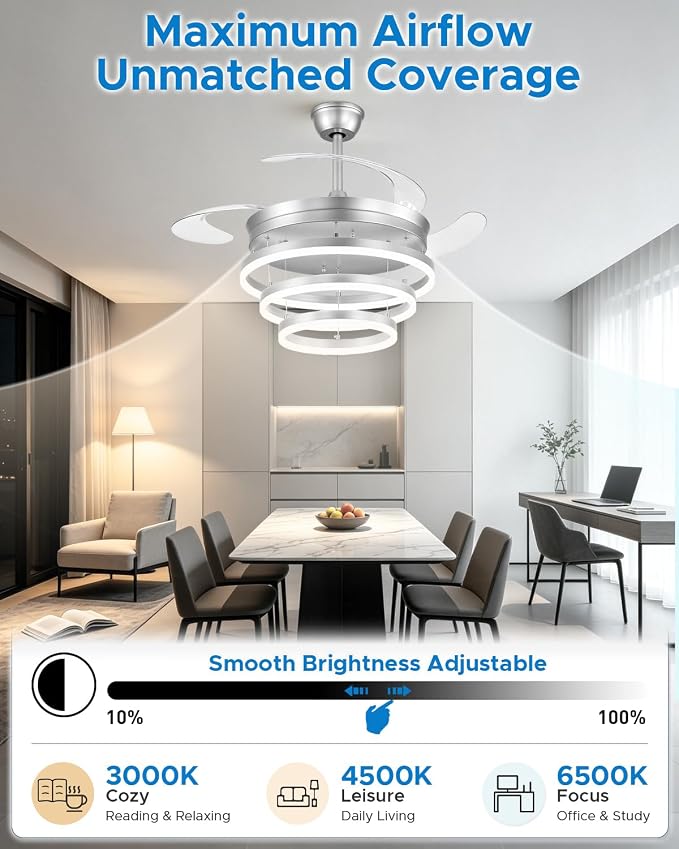48 Inch Retractable Ceiling Fans with Lights and Remote, Modern Chandelier Fandelier Ceiling Fans, Quiet Reversible DC Motor, 6 Speeds, 3 Color Dimmable LED for Bedroom Living Room (Silver)