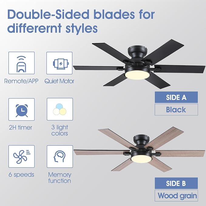 52"Modern 6-Blades Black Low Profile Flush Mount Ceiling Fans with Light | Supports Remote and APP,6 Wind Speeds, Reversible, Dimmable 3 Light Colors LED Light, Quiet DC Motor,6 Double-Sided Blades