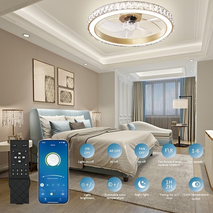 Aipsun Low Profile Modern Crystal Chandelier Ceiling Fans with Lights and Remote, 3000K-6500K Smart Bladeless LED Fan Light, 22" Gold Modern Ceiling Fans with Lights for Bedroom