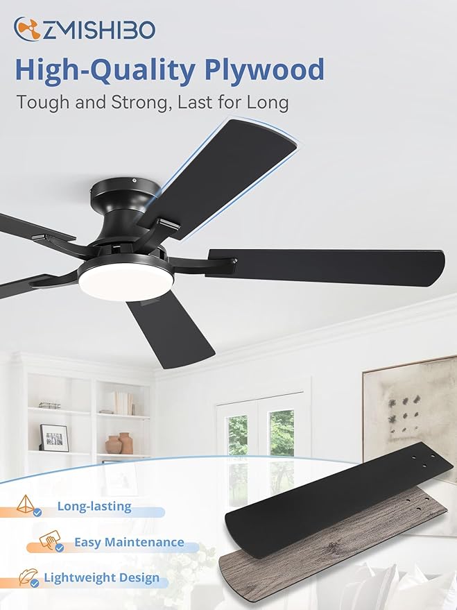 ZMISHIBO 52 Inch RGB Ceiling Fan with Light, App&Remote Control, Flush Mount Low Profile, Dimmable 20W LED Light, Quiet Reversible Motor for Bedroom, Living Room, Apartment, Black