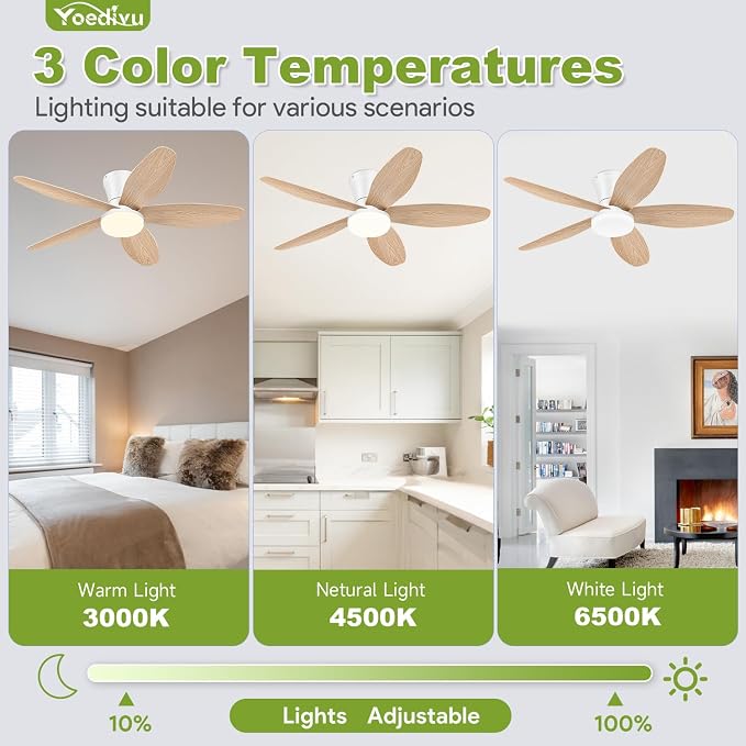 Ceiling Fans with Lights - 42 Inch White&Wood Flush Mount Ceiling Fan 6-Speed Wind, Quiet Reversible DC Motor, 3 Color Dimmable Lighting, Small Low Profile Ceiling Fans for Living Room/Bedroom