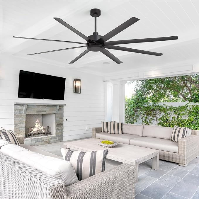 84" Industrial Large Ceiling Fans with No Lights Remote Control, 8 Reversible Blades, Quiet DC Motor, 6-Speed, 3 Down Rod Mount, Home Commercial Ceiling Fans without Light for Porch/Garage/Shop