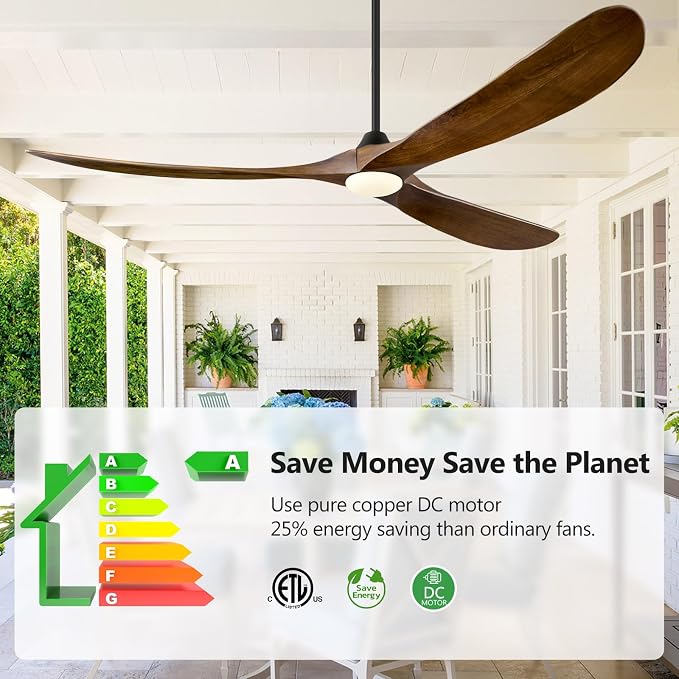 ABZ 72 Inch Ceiling Fans with Lights, Solid Wood Propeller Large Ceiling Fans with Lights and Remote Control 3 Blades Outdoor Ceiling Fan High cfm for Patios Gazebo Indoor Farmhouse, Walnut Wood