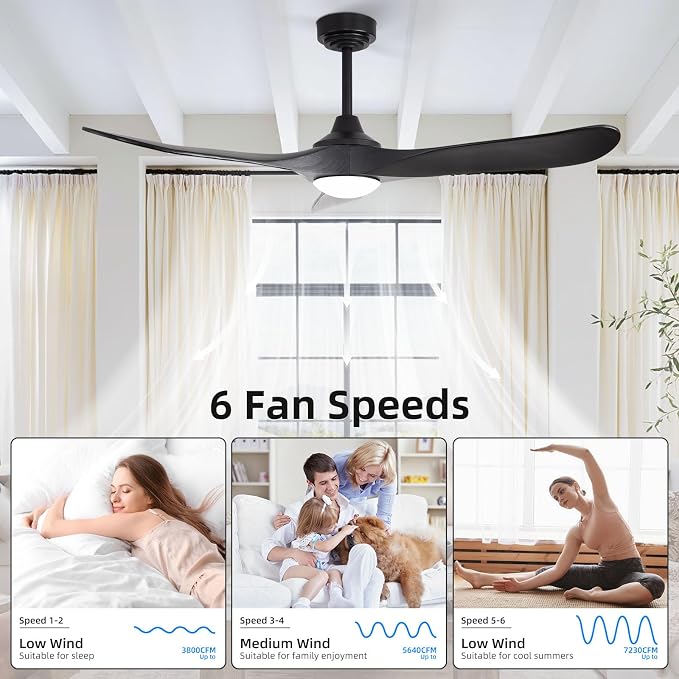 52” Outdoor Ceiling Fan with Light and Remote via WiFi Alexa, 3 Black Solid Wood Blade, Noiseless Reversible Dc Motor, Smart Outdoor Wood Ceiling Fan for Farmhouse Patios, Black