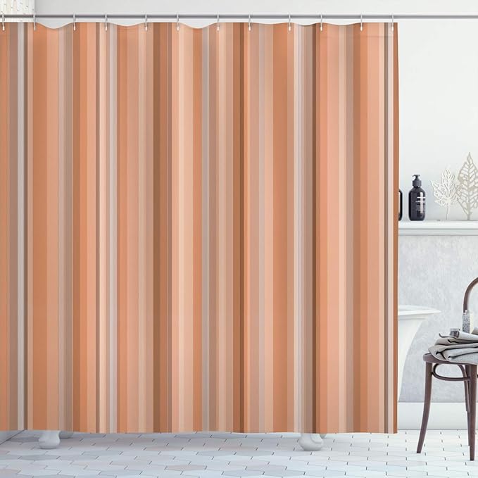 Ambesonne Stripes Shower Curtain, Abstract Ocean Inspired Palette Lines Geometrical Image Illustration, Cloth Fabric Bathroom Decor Set with Hooks, 84" Long Extra, Dark Peach