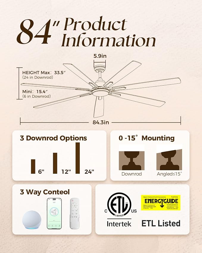 84 Inch Smart Ceiling Fan with Lights,Oil Rubbed Bronze Fan for Large Room | ETL-Listed with Quiet DC Motor,Alexa APP Controls,Up To 10117 CFM High Airflow,Timer,Dual Finish 7 Blades For Outdoor Covered