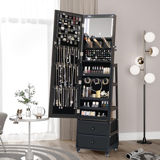Jewelry Cabinet with Standing Mirror Lockable Full Length Mirror with Drawers Jewelry Organizer Armoire with Wheels,Floor Mirror with Back Storage Shelves for Bedroom Christmas Gift for Friend Black
