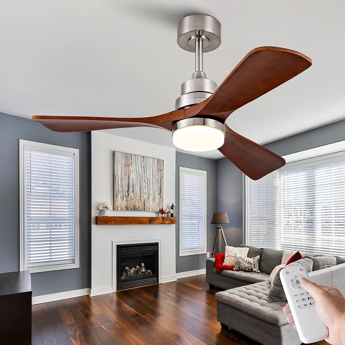 42 Inch Wood Ceiling Fans with Lights and Remote, Brushed Nickel Outdoor Ceiling Fan with Light, Dimmable 3 Blades Outdoor Fans for Patios Noiseless Modern Ceiling Fans for Bedroom Living Room