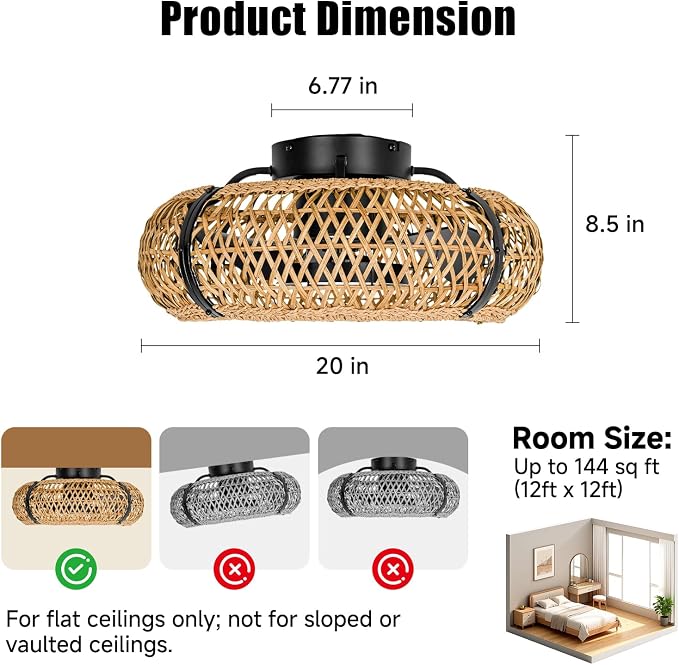 ocioc 20" Fandelier Ceiling Fans with Lights and Remote,Caged Ceiling Fan with Light,Flush Mount Low Profile,Bladeless,Quiet Reversible DC Motor,Boho Rattan Ceiling Fan for Bedroom,Living Room