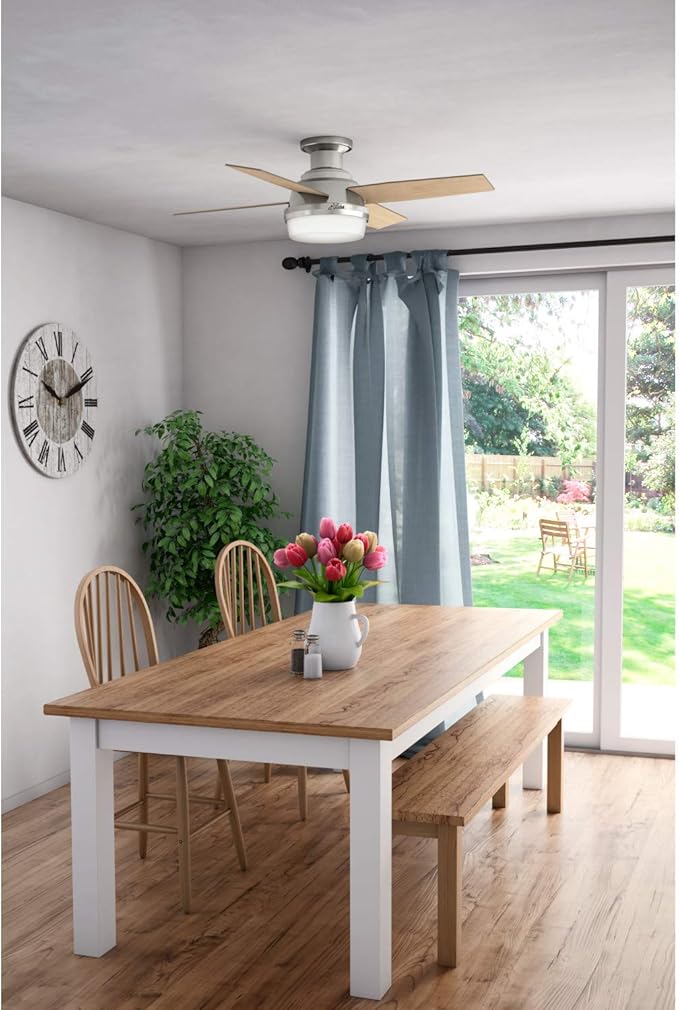 Hunter 44 inch Indoor Ceiling Fan with LED Light and Remote Control - Modern Ceiling Fan, Low Profile Mount, 4 Blades, For Bedroom, Living Room, or Kitchen, Quiet - Dempsey 50282, Brushed Nickel | with LED Light and Remote Control, Low Profile Mount, 4...