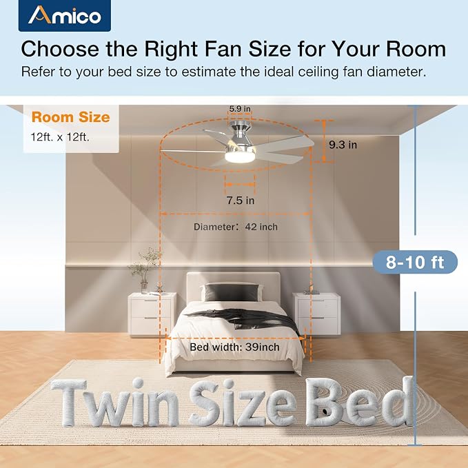 Amico 42 inch Smart Ceiling Fans with Lights, Low Profile Ceiling Fan, Remote/Alexa Voice Control, Flush Mount, Reversible DC Motor, 5 Blades, 6 Speeds, 3CCT, Dimmable, Noiseless, Bedroom, Nickel